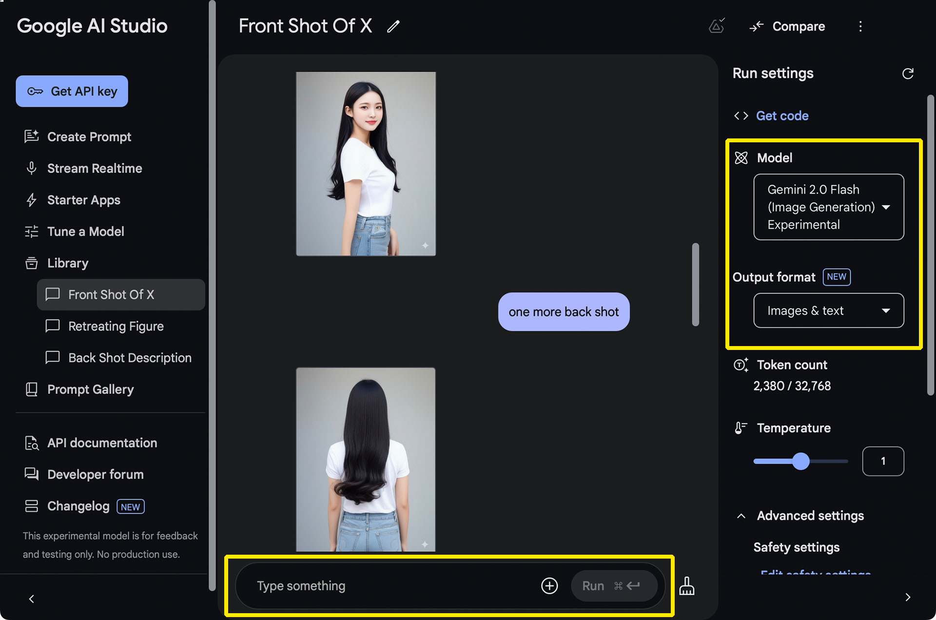 WebブラウザでGoogle AI Studioを使っている様子。右の黄枠設定で、ModelをGemini 2.0 Flash（Image Generation）Experimentalとし、Output formatをImages＆textとする。その後、下の黄枠に写真などをドラッグ＆ドロップするか（＋）ボタンを押して各種ファイルをアップロードし、さらにその枠内にテキストを打ち込めば画像などを変化させられる。