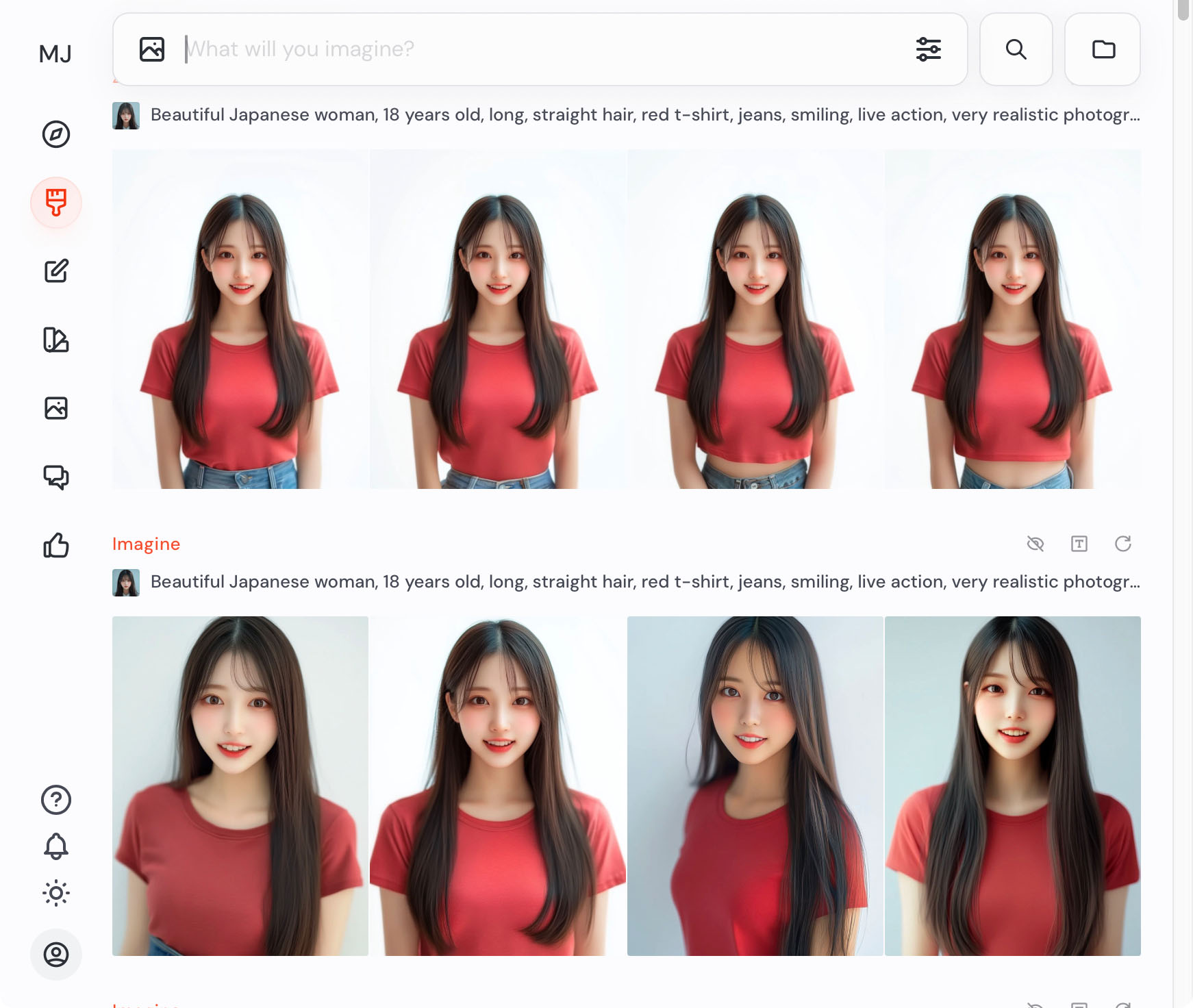 この記事で使う人物写真の元画像として、Midjourneyで生成した女性の画像。Midjourneyには参照画像を与えてそれに近い画像を生成するというimg2img的な機能があるが「リアルで高画質な似た顔」を生成してくれて実用的だ。
