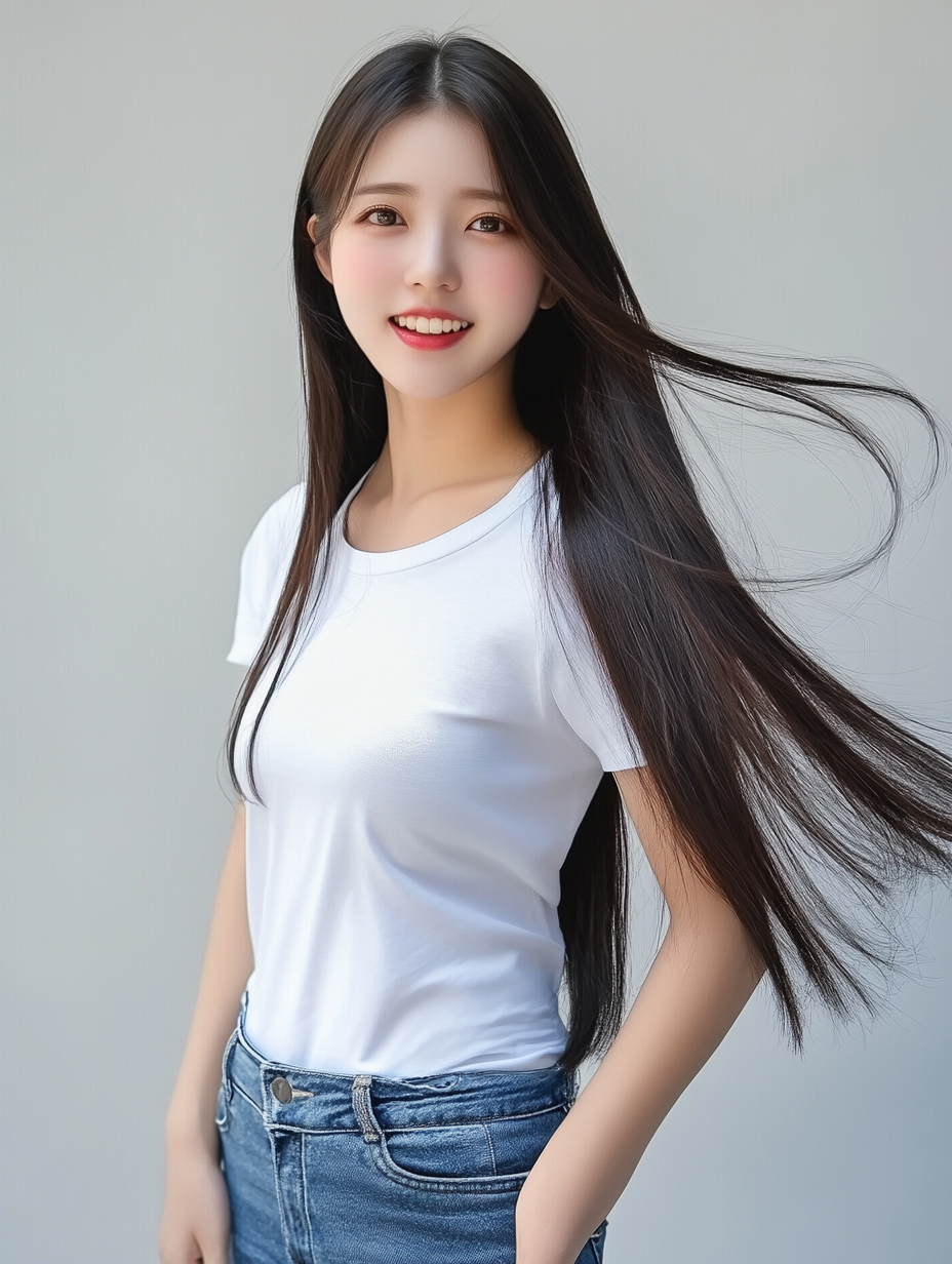 Midjourneyに生成させた女性の画像。プロンプトは「Beautiful Japanese woman, 18 years old, long, straight hair, white t-shirt, jeans, smiling, live action, very realistic photographic description, simple background（日本人女性、18歳、ストレートロングヘアー、白いTシャツ、ジーンズ、笑顔、実写、とてもリアルな写真描写、シンプルな背景）」だ。単語羅列のプロンプトのほうが希望するイメージに近い画像が出るような気がしている。ともあれ、これを元の写真としてGemini 2.0 Flashに与えた。