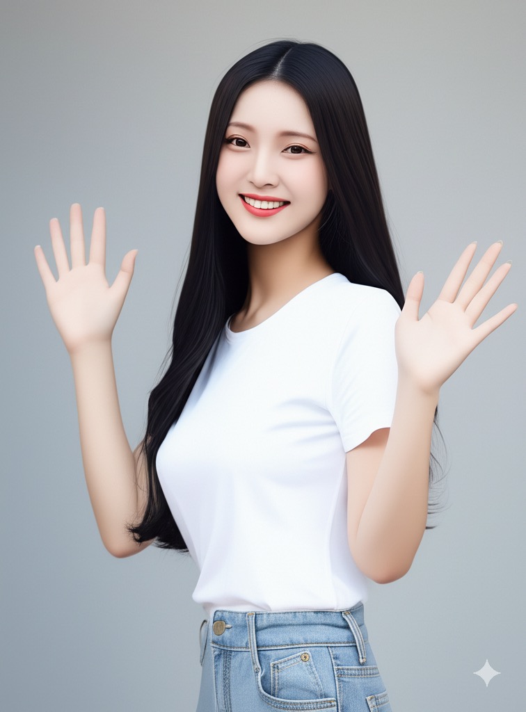 じゃあ笑顔で手を振らせようと「Look at me and wave. Smile」と入力。そうそう、そういうの、という画像が生成された。