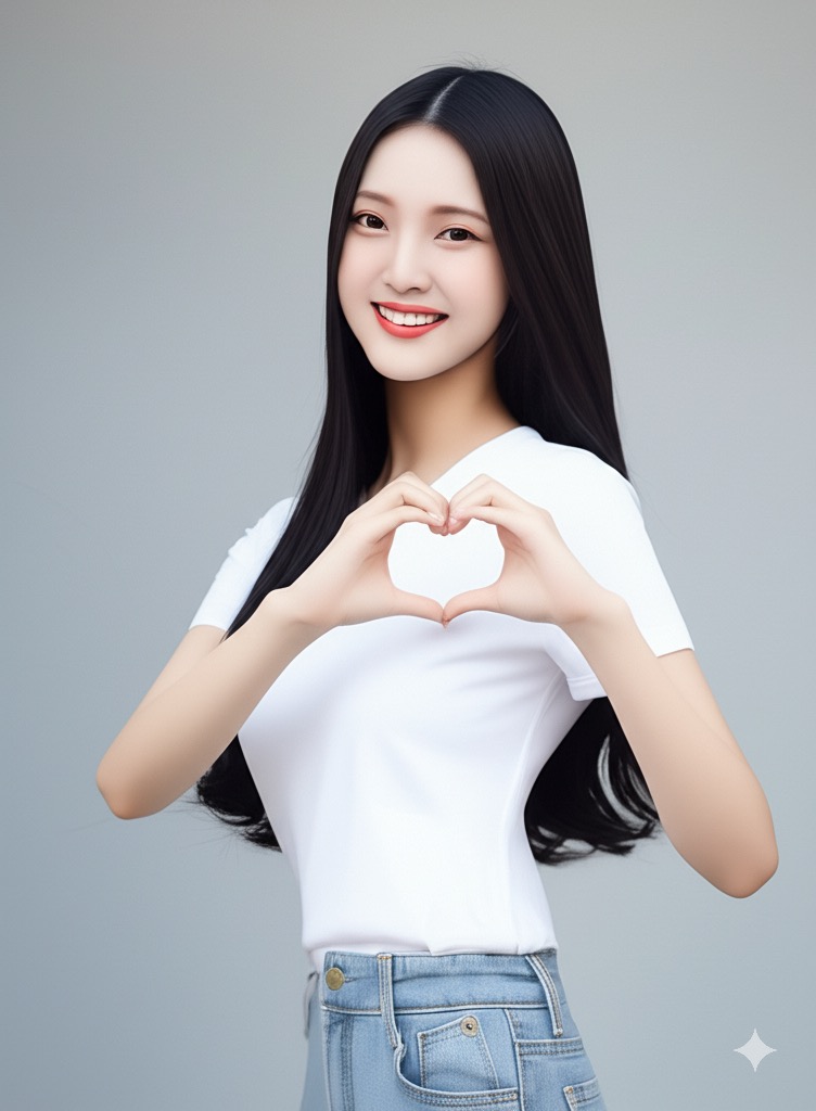 じゃあ手でハートマークやって！　「It is looking at us. Heart mark gesture with hand.」と入力。一発で生成された。