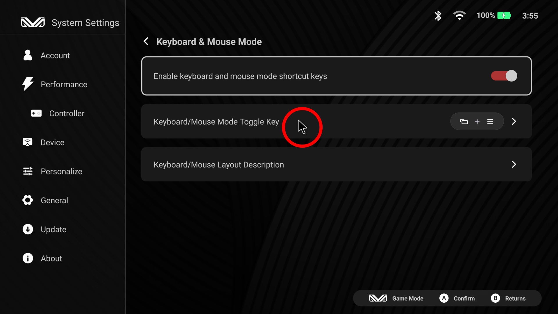 デフォルトではウィンドウボタンとメニューボタンの同時長押しでマウス操作のオン・オフを切り替えられる。こちらはマウス操作をオンにしてマウスカーソルを表示しているところ