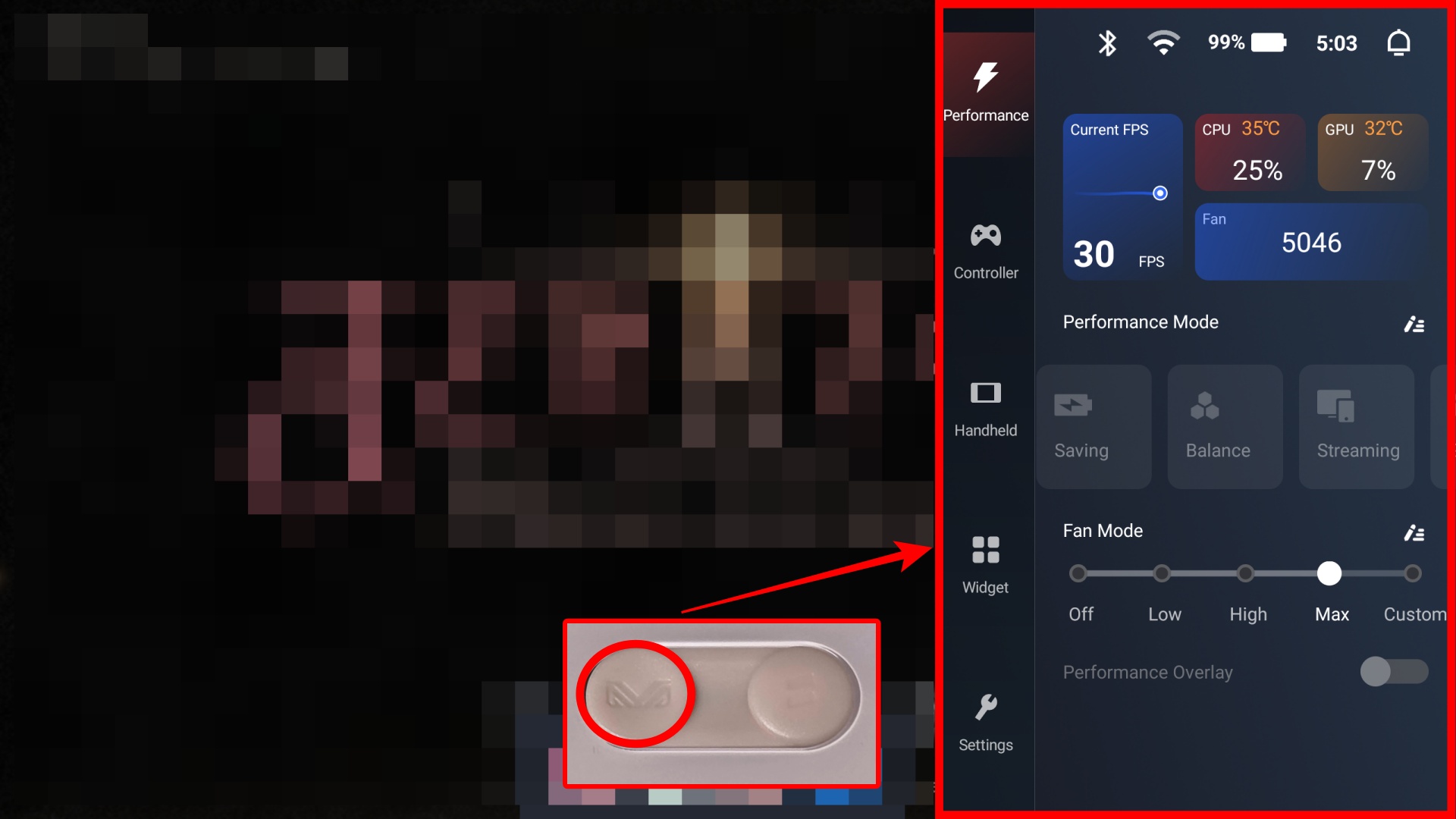 AYASpace起動ボタンを押せばゲームを中断せずにAYAQuick画面が表示され、省電力モード、バランスモード、ゲームモード、MAXモードの切り替えを行える。設定画面に潜らなくて良いのはありがたい