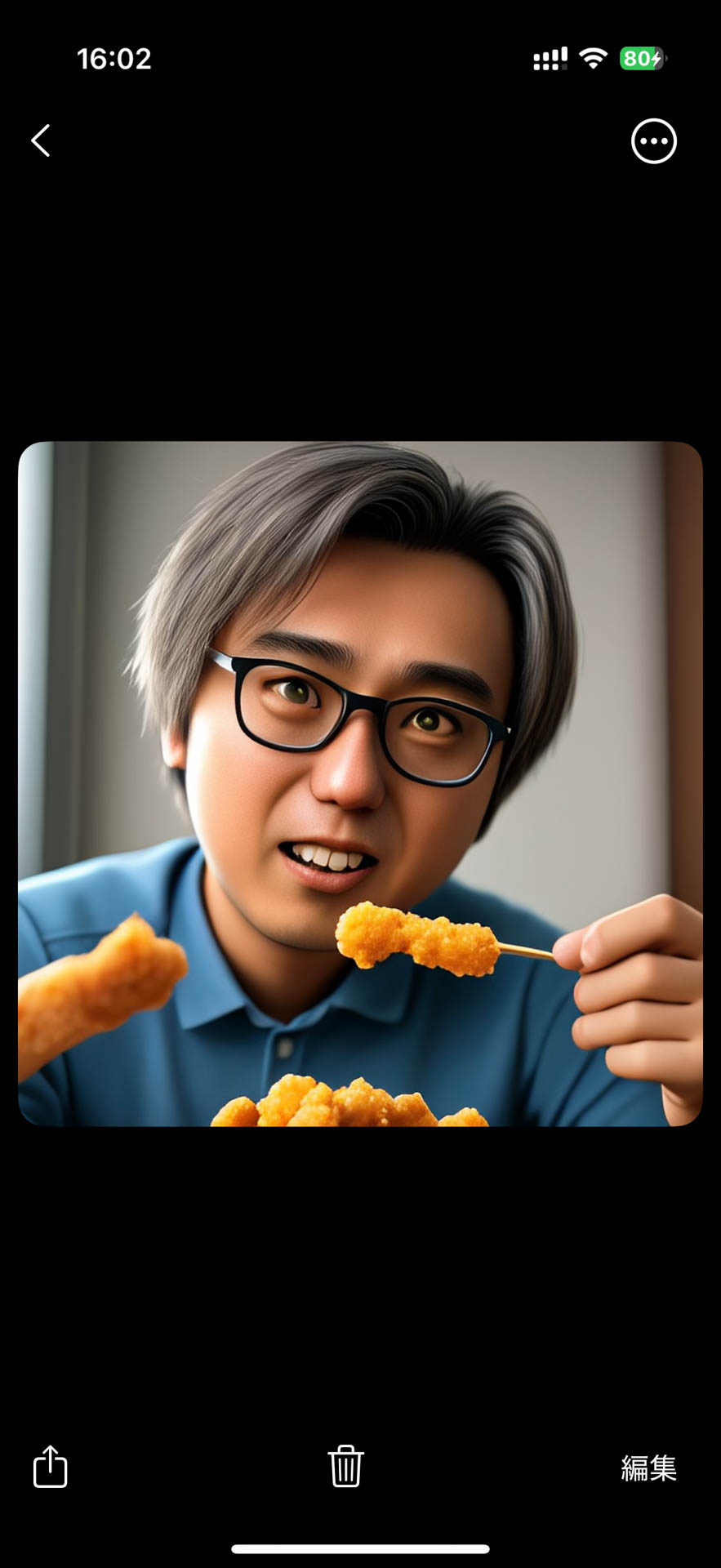 串揚げに見えるけど、から揚げを食べてる筆者のイラスト