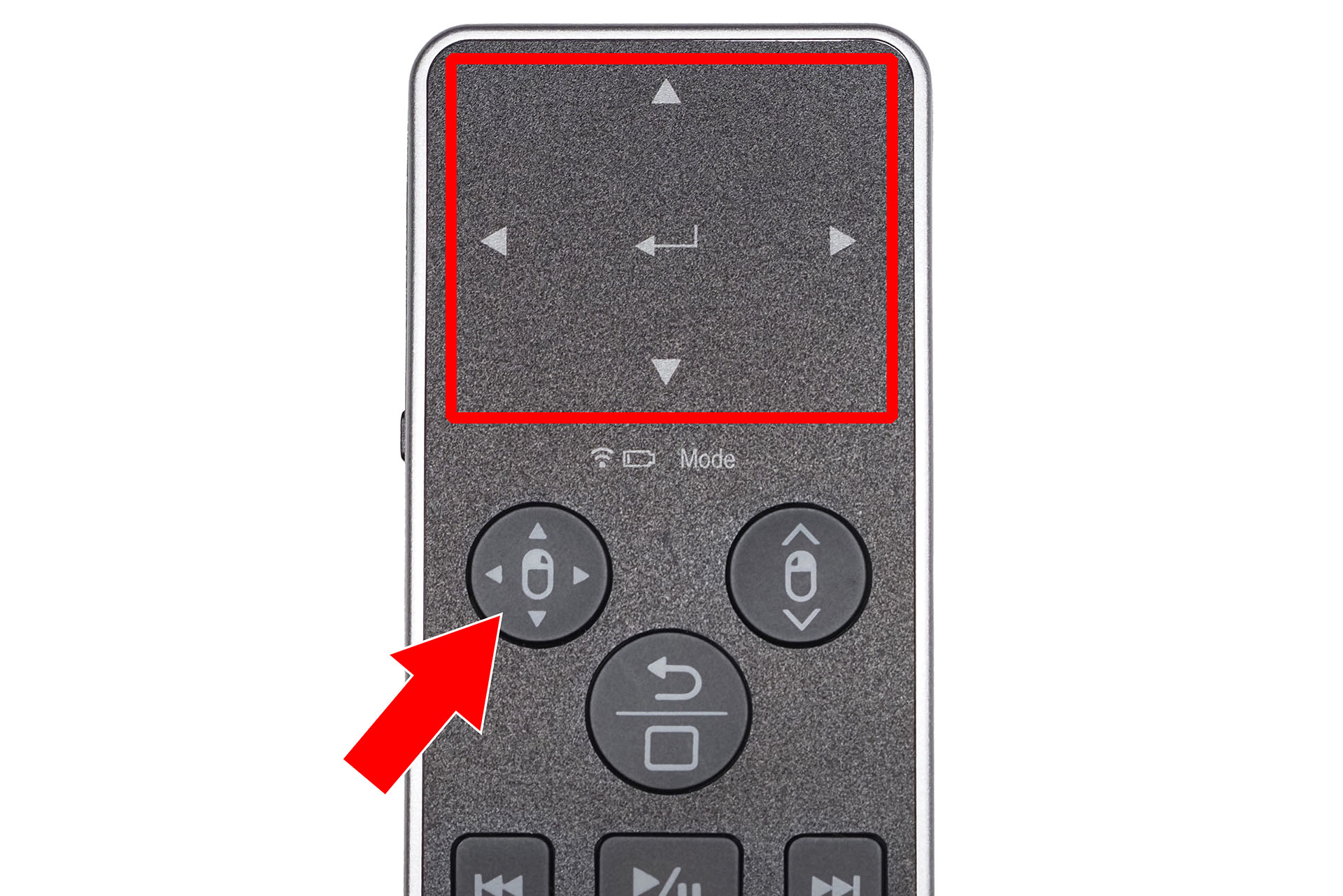 MA-PBS325BK上部がタッチパッド。赤矢印で示したボタンを長押しするとカーソルモードとなる。