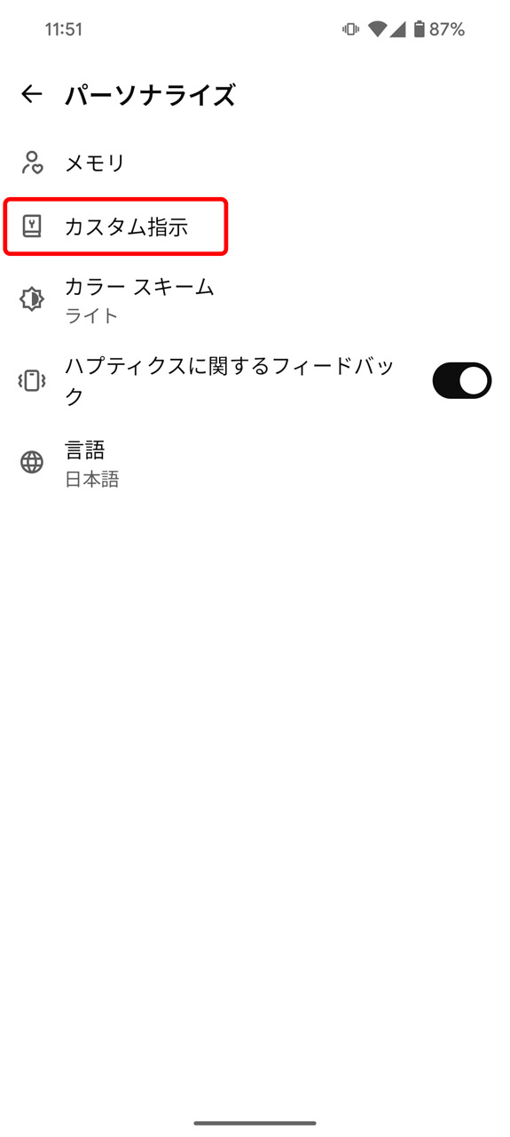 「カスタム指示」を選択
