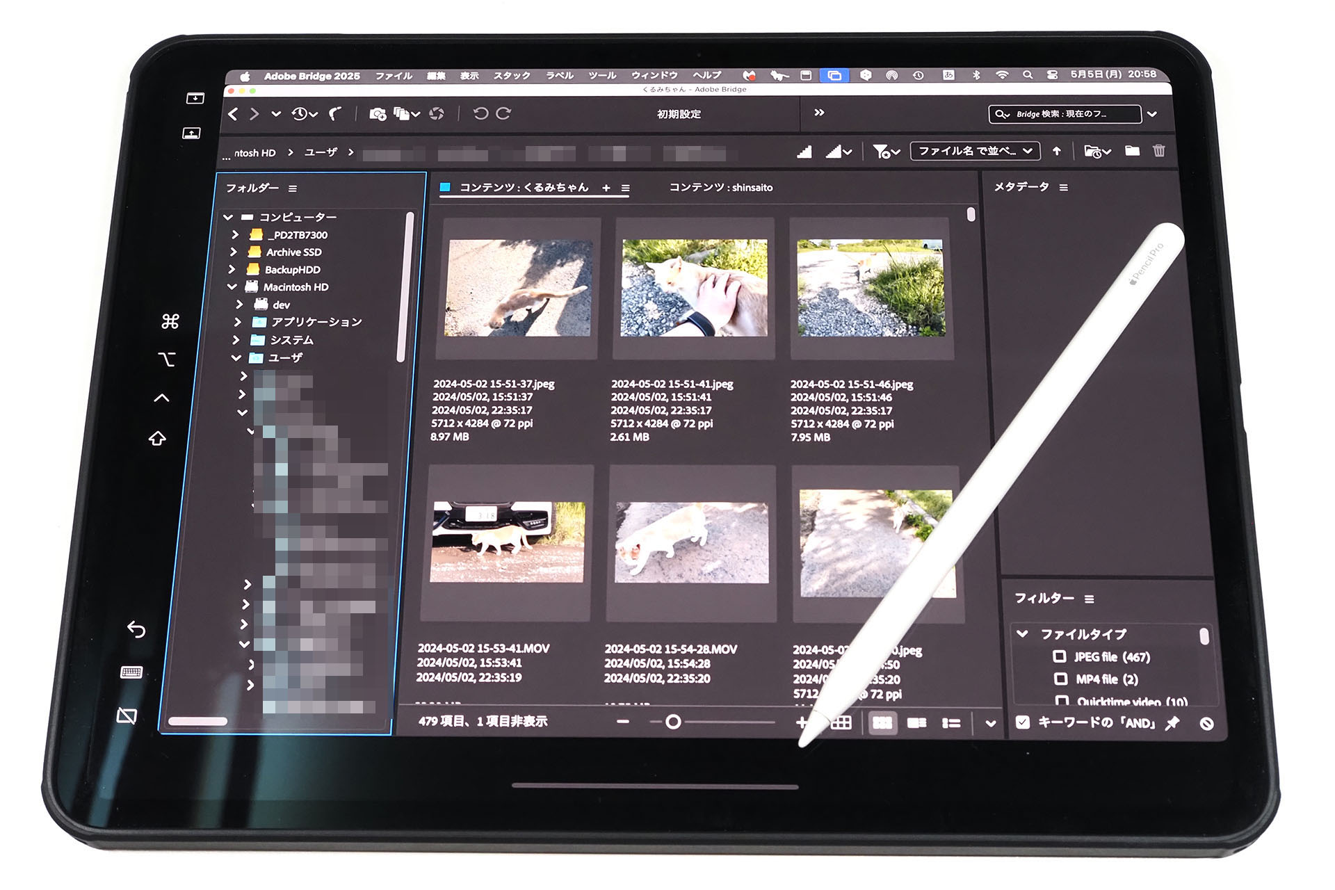 Mac上のAdobe Bridgeを13インチiPad Pro（M4）に表示したところ。サムネイルサイズなどを調節すれば、13インチサブディスプレイを画像サムネイル表示用サブモニターとしてなかなか快適に使える感じ。ちなみに、Photoshopもサブモニター上で使ってみたが、俺の使い方ではワークスペースが狭くて実用性が乏しいと感じられた。
