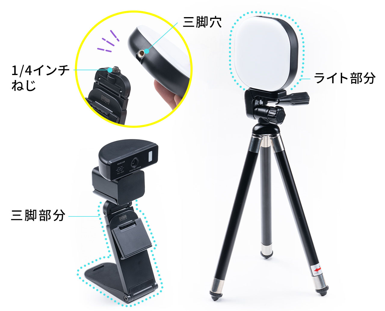 ライト部と台座部を分離できる。台座部は三脚的に利用でき、ライト部は三脚にセットして使える。分離するとコンパクトさが増すので収納にも便利。※画像は直販サイトより抜粋。
