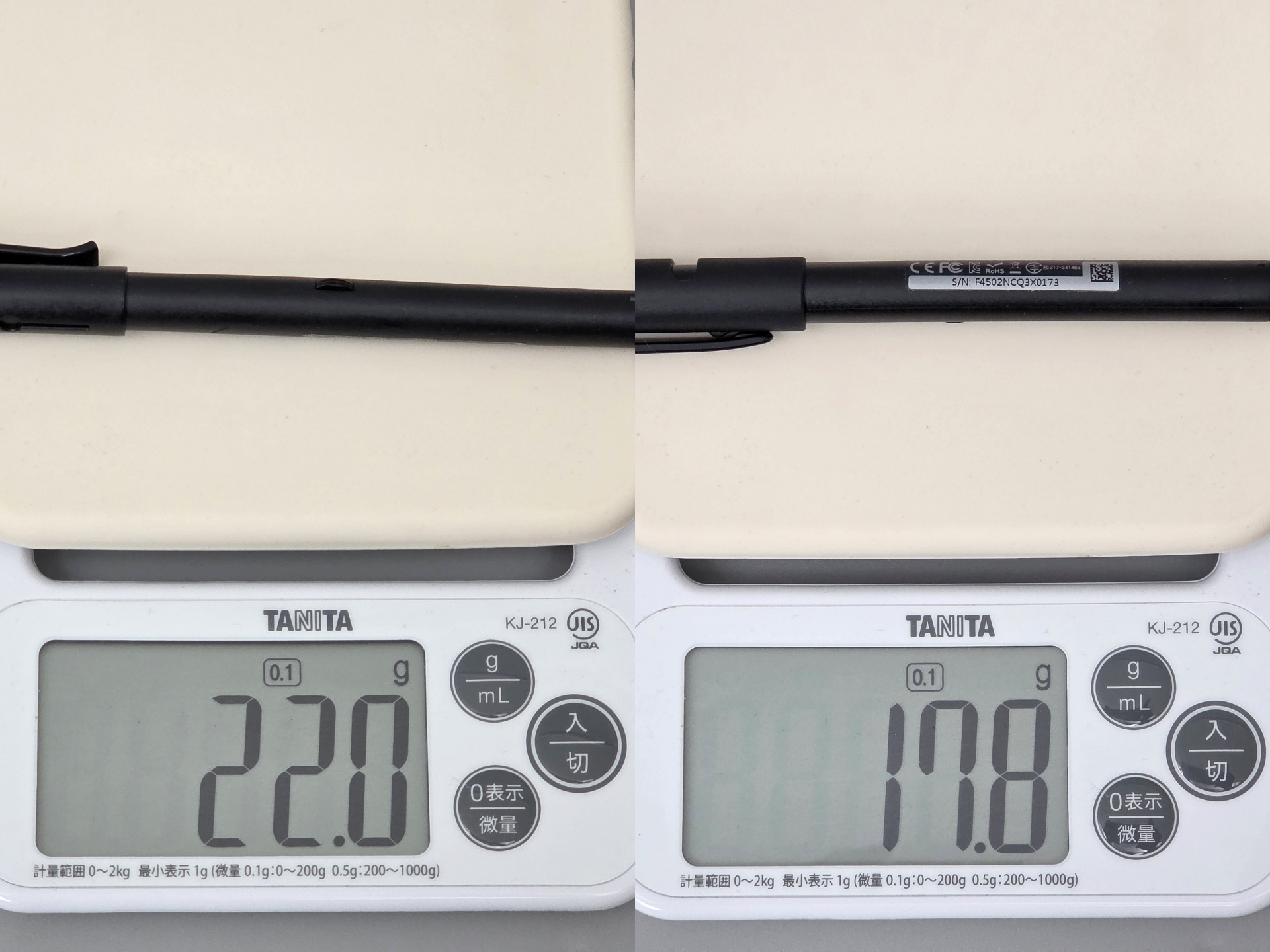 似たサイズの「M1＋」との比較。M1＋では22gだが、R1は17.8gだ