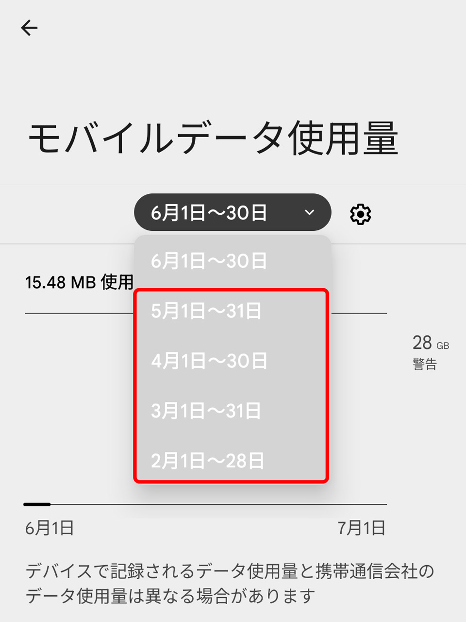 7. 前の画面に戻って前月以前の期間を選択
