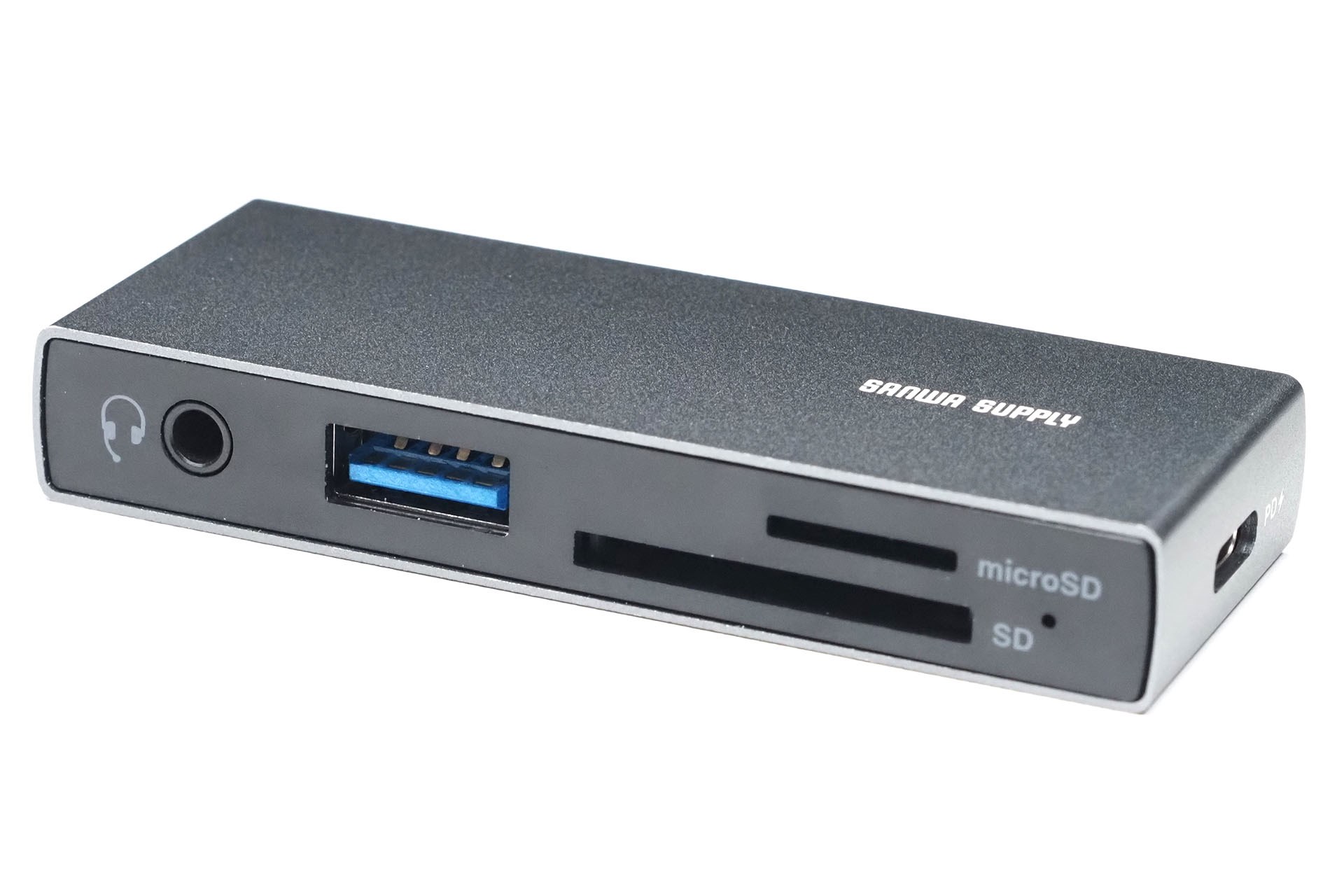 手前には、3.5mmステレオミニジャック、USB Type-Aポート、SD／microSDスロット（排他利用）がある。3.5mmステレオミニジャックのところはヘッドセットのアイコンが描かれているが、3極なのでマイク非対応だと思われる。