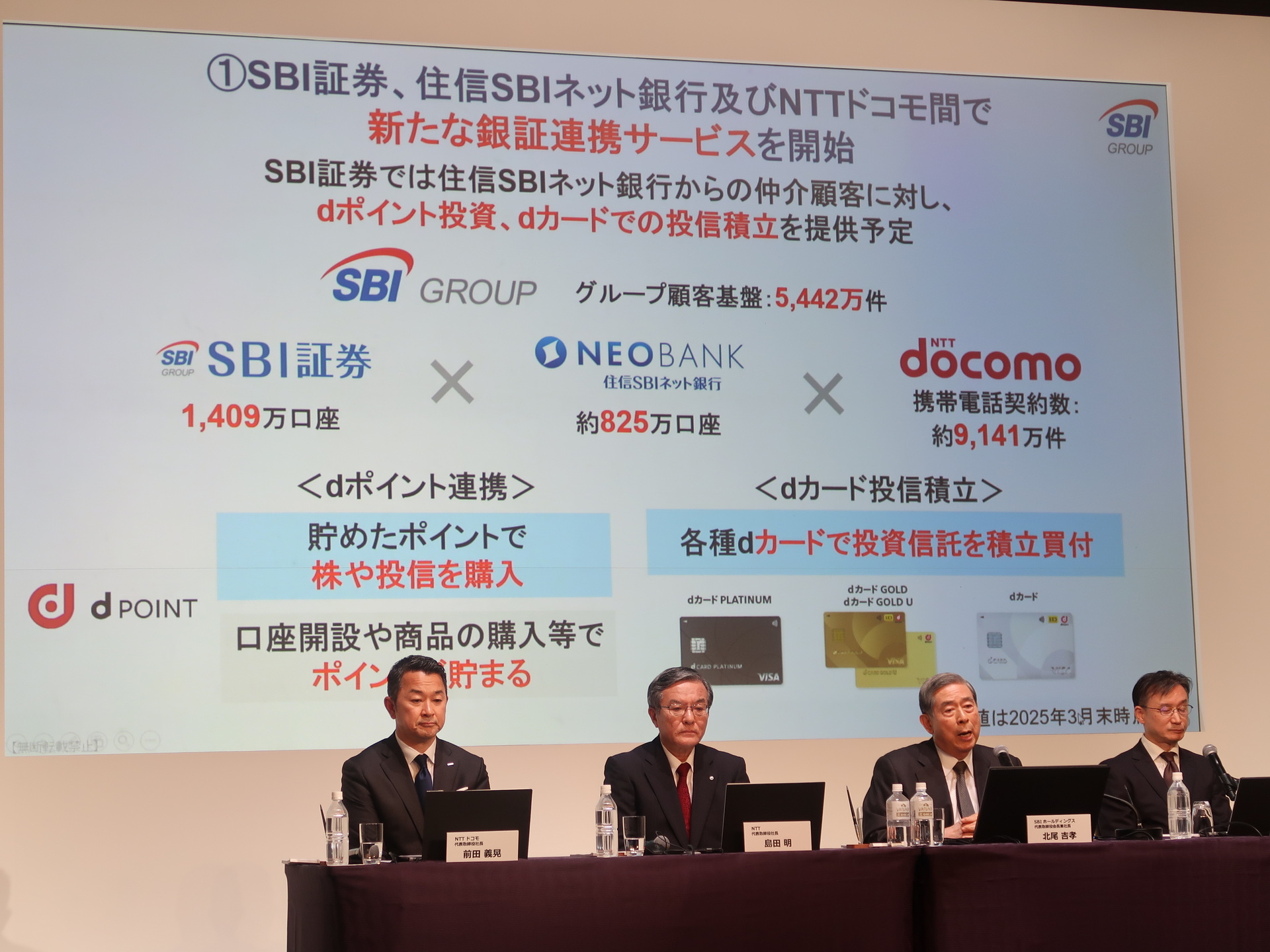 SBI証券、住信SBIネット銀行、NTTドコモ間で、新しい銀証連携サービスを提供。dポイント投資、dカードの投資信託積立などを提供する計画