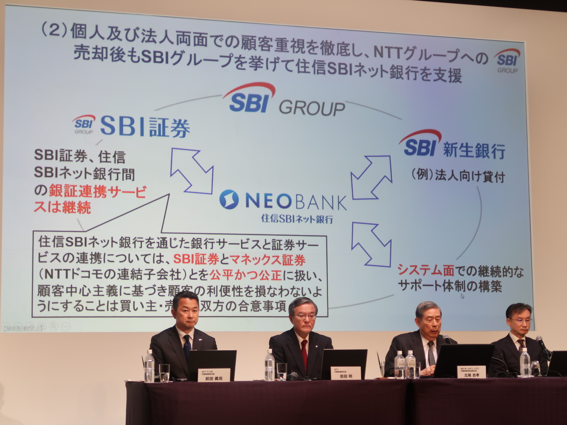 SBIホールディングスは住信SBIネット銀行と直接的な資本関係がなくなるが、SBI証券との銀証連携サービスは継続し、SBI証券とマネックス証券を公平かつ公正に扱うことが双方で合意した