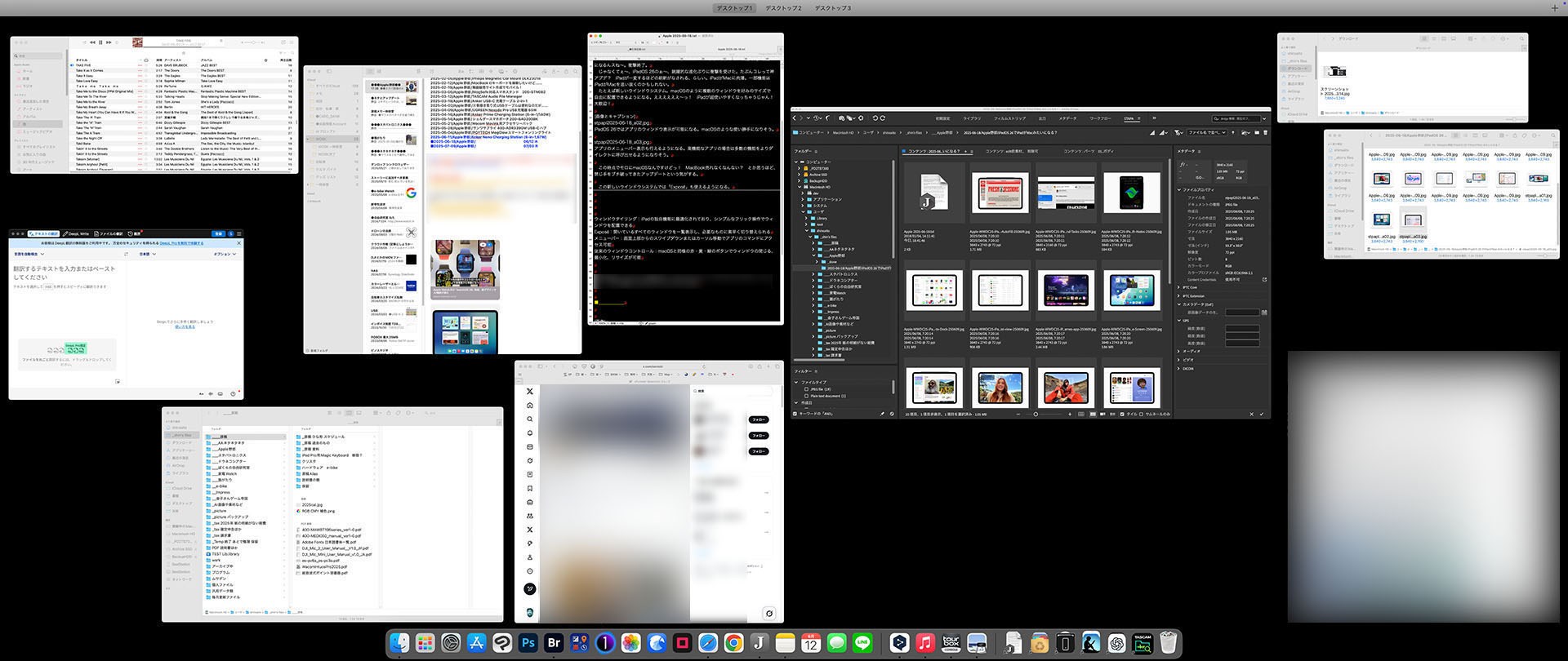 Expose機能を使うと、すべてのウィンドウが並んで表示される。Exposeを使えば隠れているウィンドウにすぐアクセスできる。