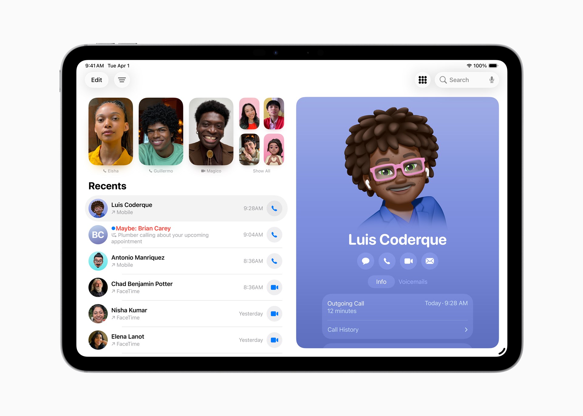 iPadで通話するアプリ……と思われるが、モバイル回線アイコンないし、iPadでiPhoneの通話機能を利用する感じ？　iPhoneとはBluetooth接続なのだろうか？