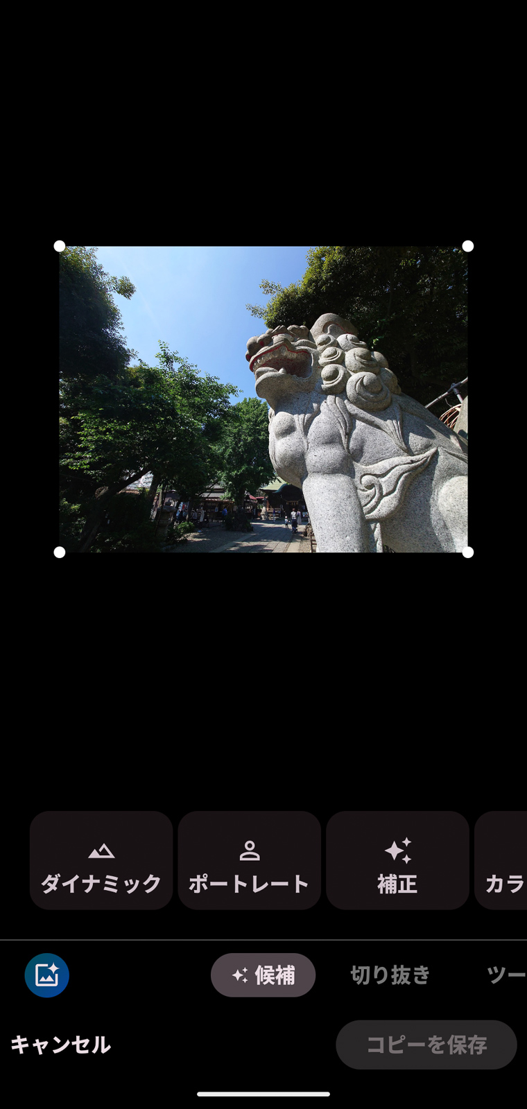 左下、［キャンセル］の上にあるのが「編集マジック」のアイコンです。これをタップすると画像を解析するようなアニメーションが表示されて、編集画面になります