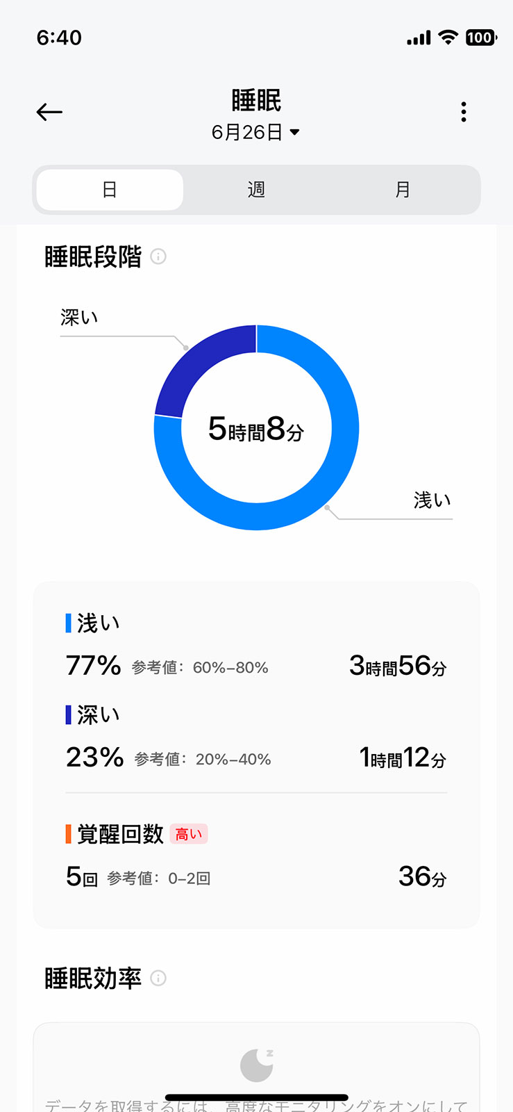 「睡眠」の計測。深度など詳細な項目を取得することも可能ですが、バッテリー消費量が多くなるようです。