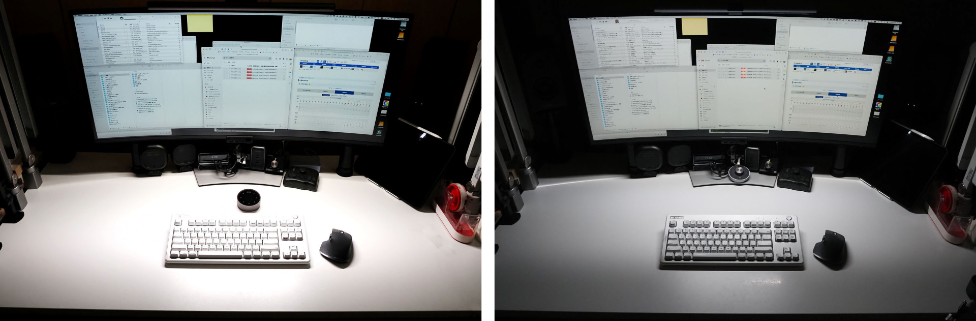 左が新しく使い始めたScreenBar Halo 2で、右が最近まで使っていたScreenBar Plus。条件を完全に整えての撮影ではないが、肉眼で感じられた差をなるべく再現するように調節している。ScreenBar Halo 2のほうが照射範囲が広く明るいモニターライトだと感じられる。