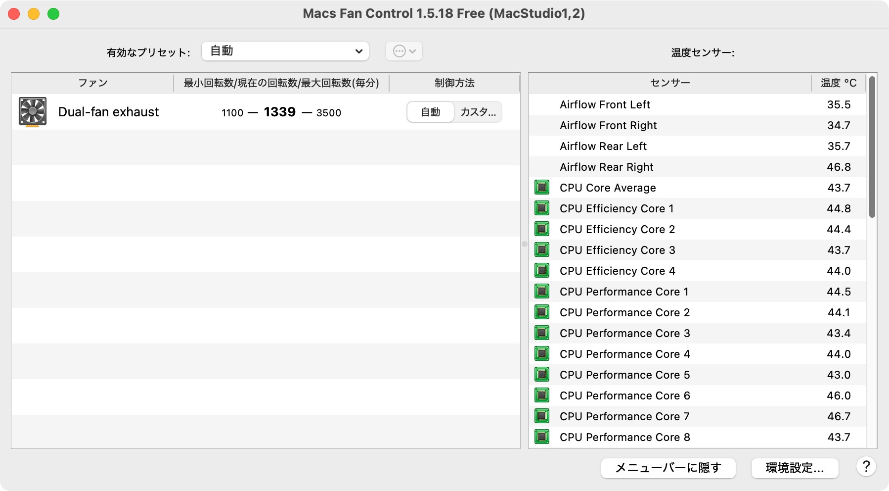 Macs Fan Controlアプリの表示例。ファンやCPUやGPUなどの温度がわかる。