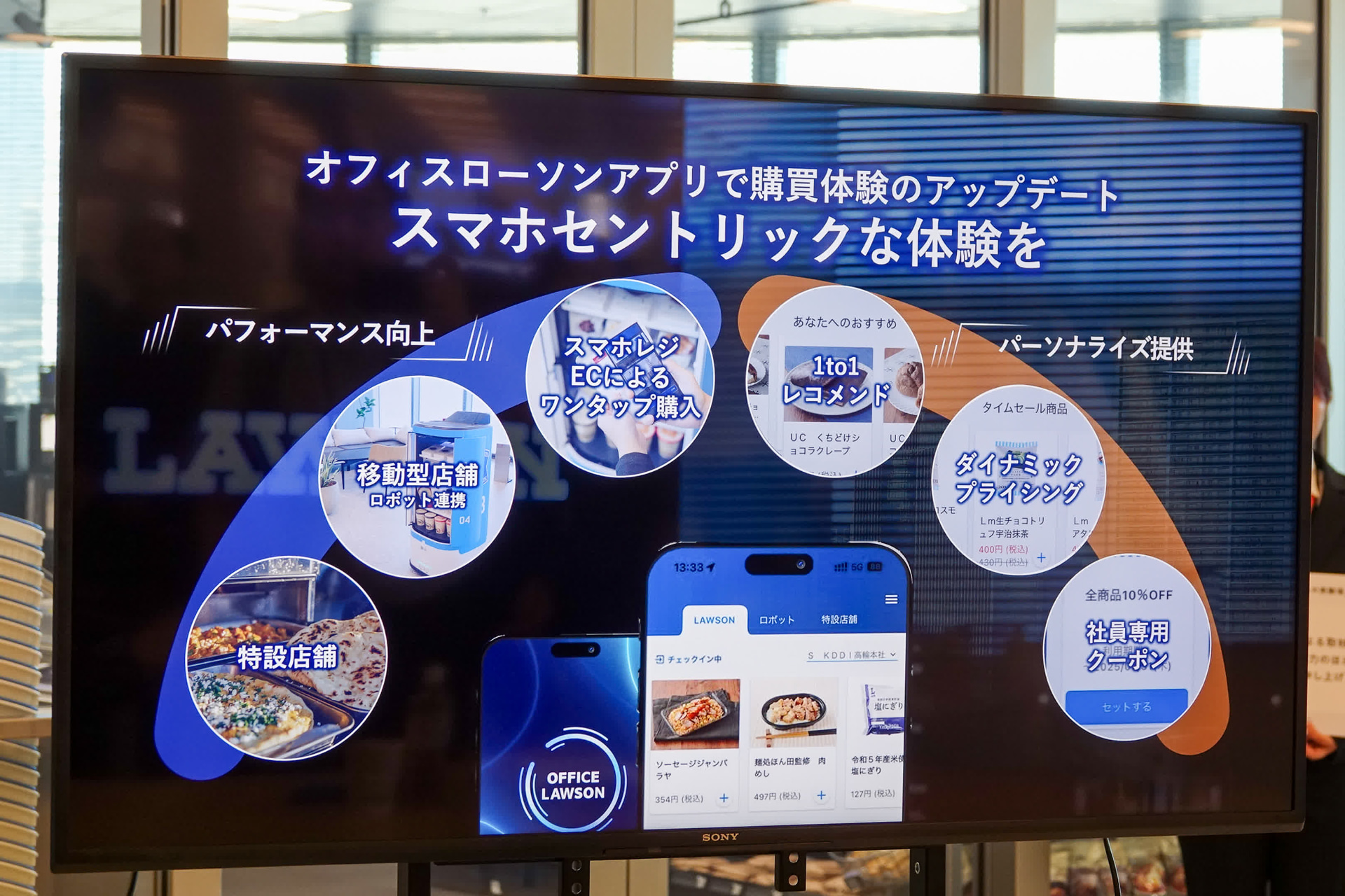 社員専用フロアのローソンは無人コンビニ。週末は営業しないため、食品ロスを減らすために金曜日に値引きがされる仕組みがある