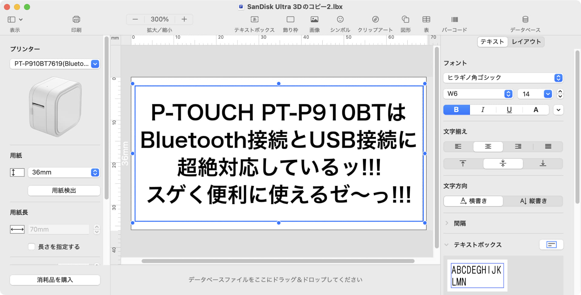 パソコンアプリ「P-touch Editor」を使っている様子。自由な図版、文字、枠などをレイアウトしていける。今どきにおいては「UIがややプリミティブ」という感じがしなくもないが、シンプルで扱いやすく迷いにくいという使い心地ではある。
