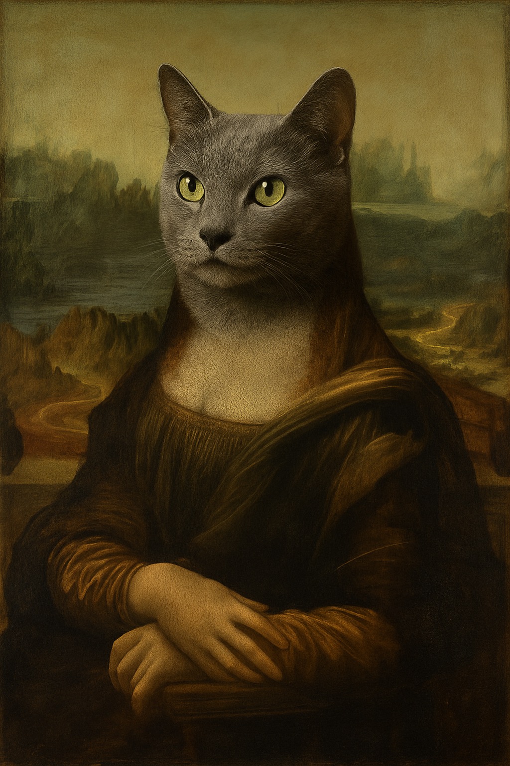 上記画像を生成後、ChatGPTが「別の絵画でこの猫を登場させることもできます。 たとえば「モナ・リザ風」、「真珠の耳飾りの少女風」、「フェルメール風室内画」などいかがでしょうか？」と言ってきたので、「モナ・リザ風」をリクエスト。結果、生成されたのがロシアンブルー顔のモナリザ。すごっ！