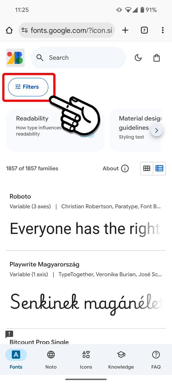 Google Fontsにアクセスしたら「Filters」をタップ
