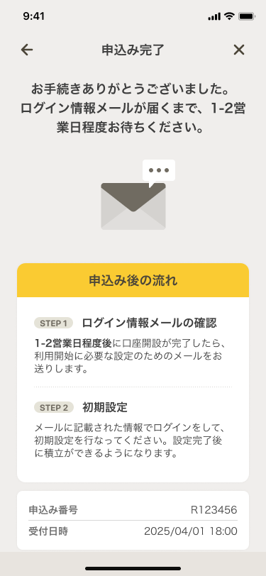 本人確認から申し込み完了までのイメージ。審査の後、口座が開設される