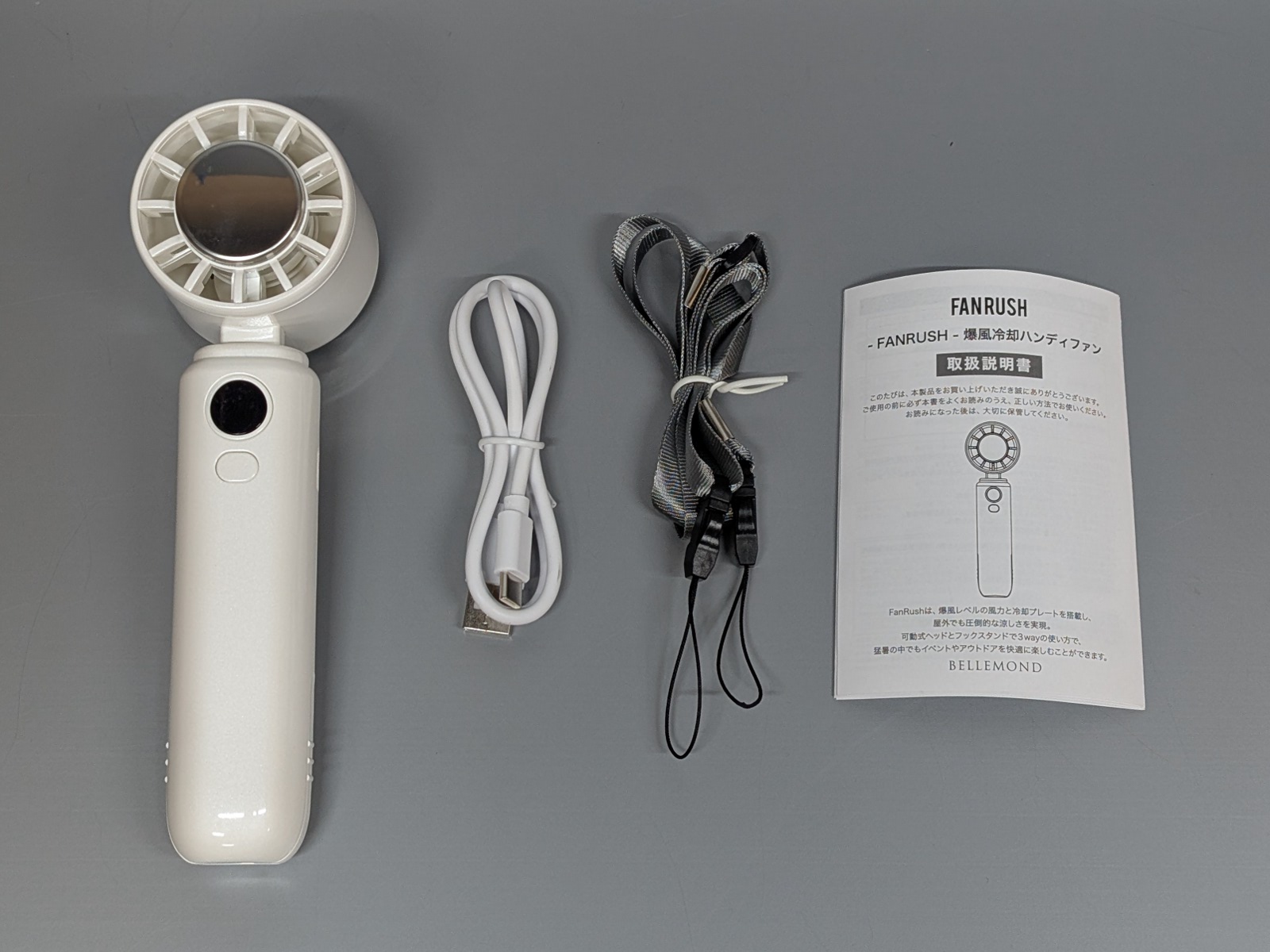 同梱品一覧。充電ケーブルのほかストラップが付属する