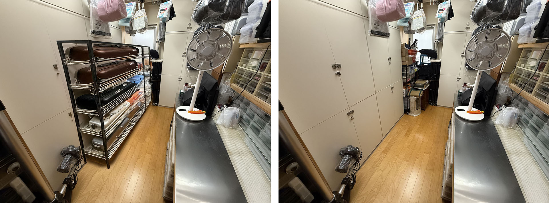 俺的断捨離ビフォーアフター。断捨離前は、左のように白い棚の前に、使わないものをたくさん乗せたキャスターラックがあった。生成AIにより後から合成したものだが、ホントはもっと大きなキャスターラックが3つもあり、人が通るのがやっとという隙間しかなかった。白い棚の扉はキャスターラックを動かさないと開かない状態であった（もーサイテー）。断捨離後は右のように広くなった(現在の様子を実写)。