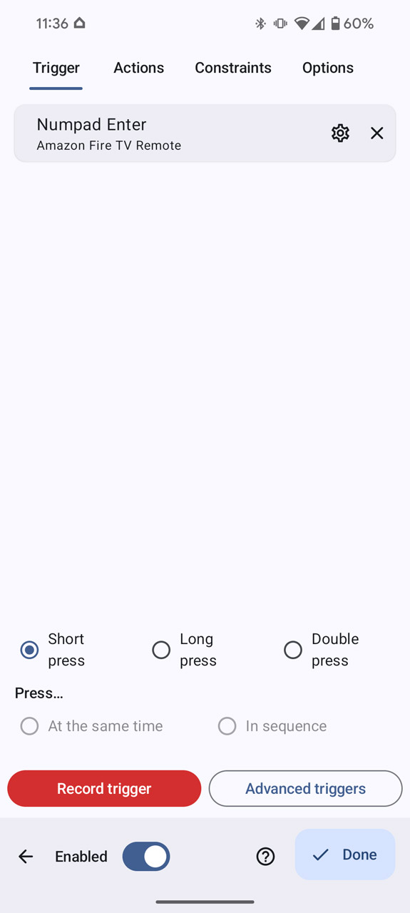 「Record trigger」ボタンを押した後、リモコンの決定ボタンを押すと「Numpad Enter」として認識された
