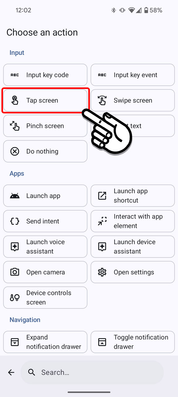 「Tap screen」のアクションを追加
