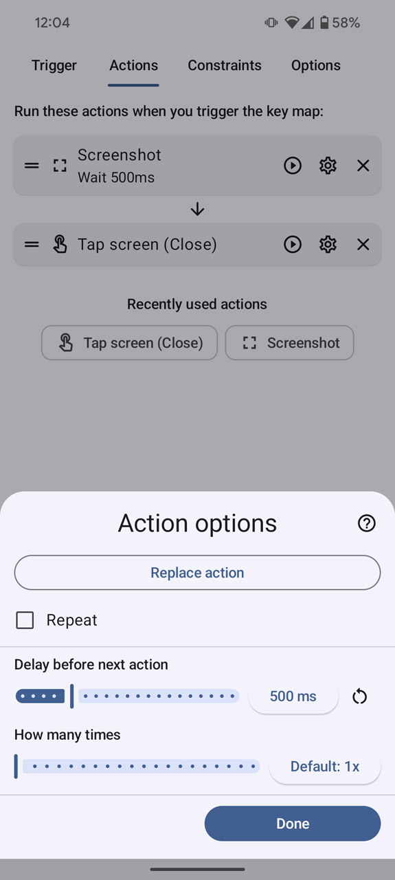 スクショ撮影のアクションで、次のアクションまでの遅延を500ミリ秒にする