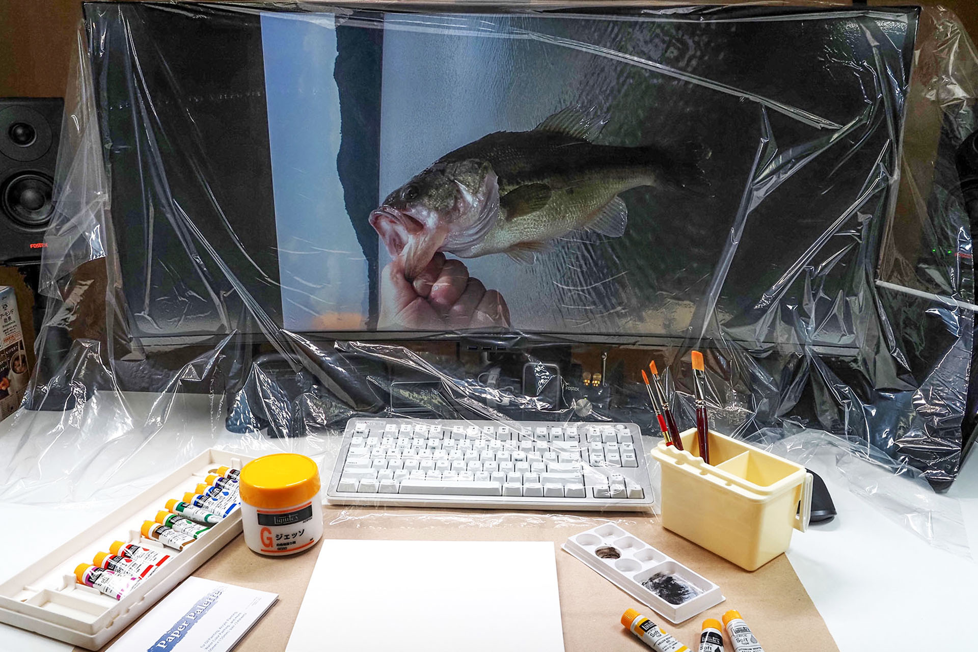 上記のシートや道具をセットした様子。紙はブロックタイプの水彩紙かケントボードを使うことが多い。