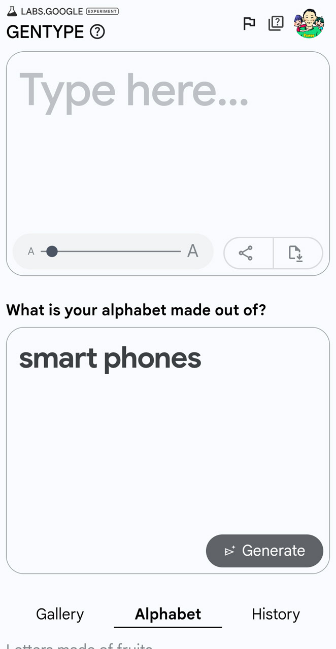 まずは使いたいイメージ（スマートフォン）を英語で入力し、「Generate」ボタンをタップ