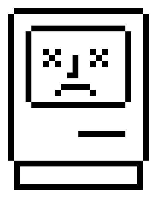 これはMacがストールなどしたときに表示される……確か「サッドマック（sad Mac）。エラー内容を示す16進数コードとともに表示された。でも……コレってホンモノとちょっと違う？　ドット絵をフェイクで描いた？　使った覚えはない。