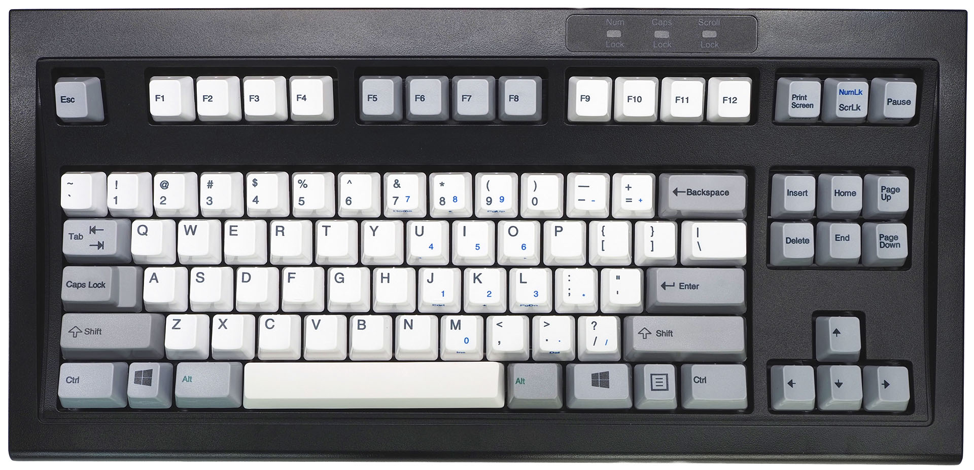 キー配列がUSのMini M。87キーのテンキーレスキーボードだ。キートップはPBT（ポリブチレンテレフタレート）で刻印は昇華印刷で、耐久性に優れる。主なキーのキーピッチは約19mm（実測値）。