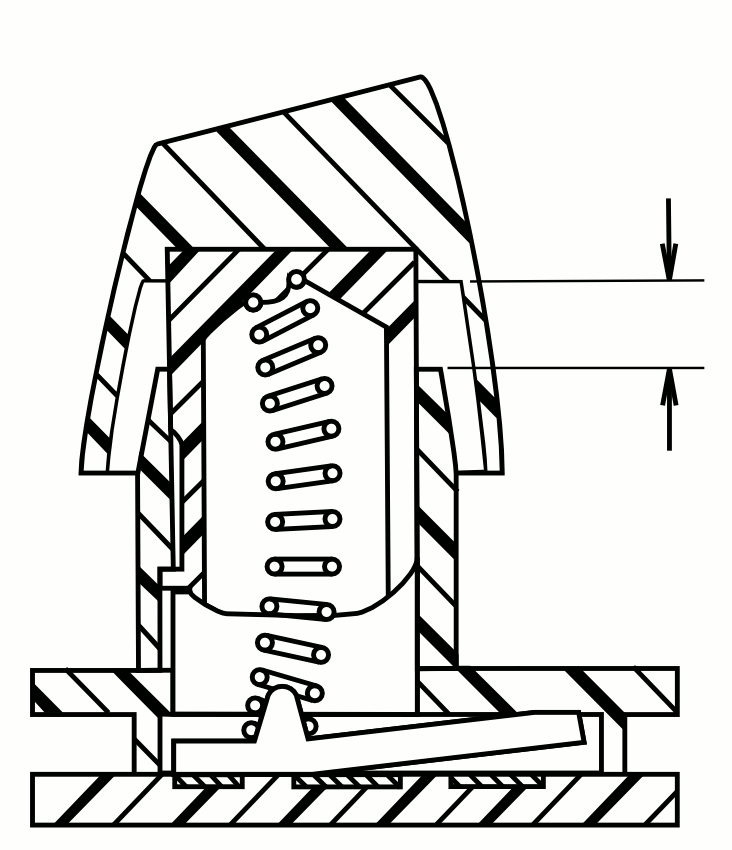 キースイッチ機構にはバックリングスプリング（buckling spring）式を採用している。内部のスプリングにより独特の打鍵感と音がある。※GIF画像は<a href="https://en.wikipedia.org/wiki/Buckling_spring" class="strong bn" target="_blank">英語版ウィキペディア</a>より抜粋。