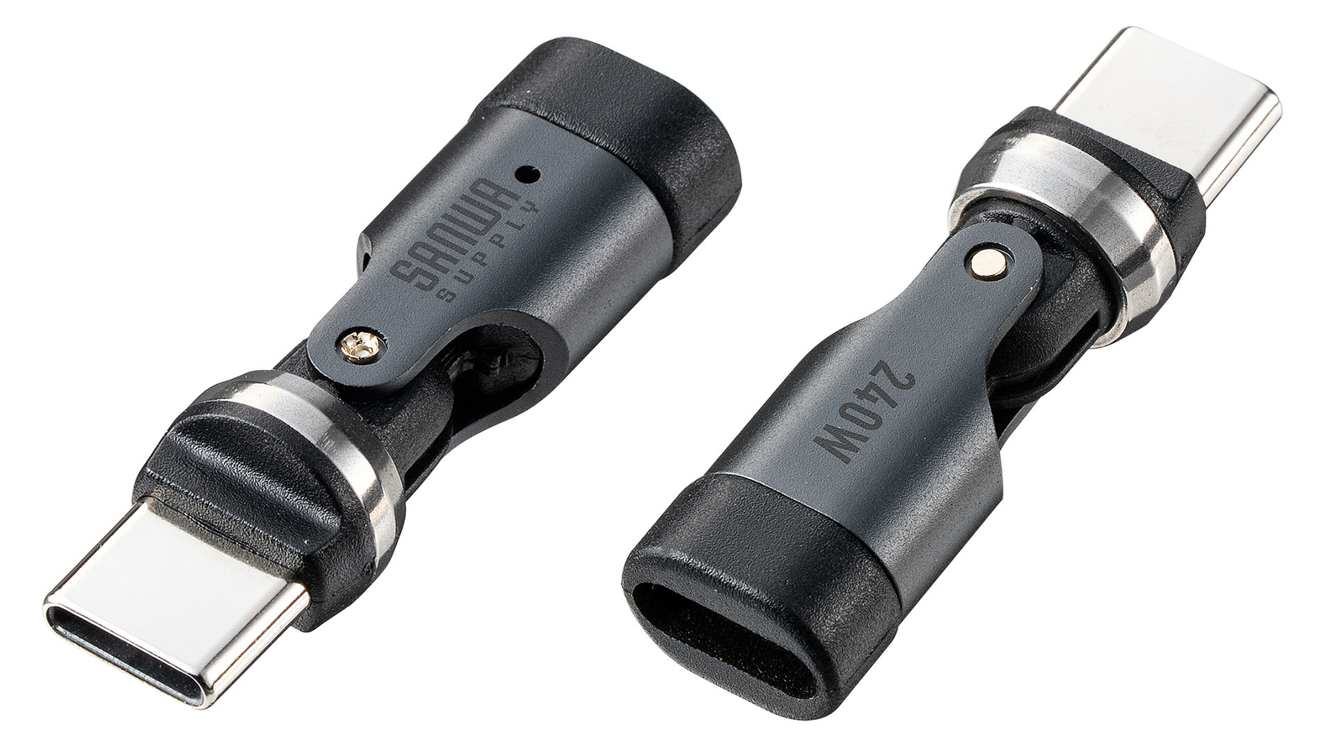 サンワサプライ「500-USB095」はUSB-Cコネクターの向きを変えられる変換コネクターだ。USB-Cケーブルの端に装着して使う。充電はPD240Wに対応し、データ通信はUSB2.0（最大480Mbps）に対応する。※画像はサンワダイレクト商品ページより抜粋。