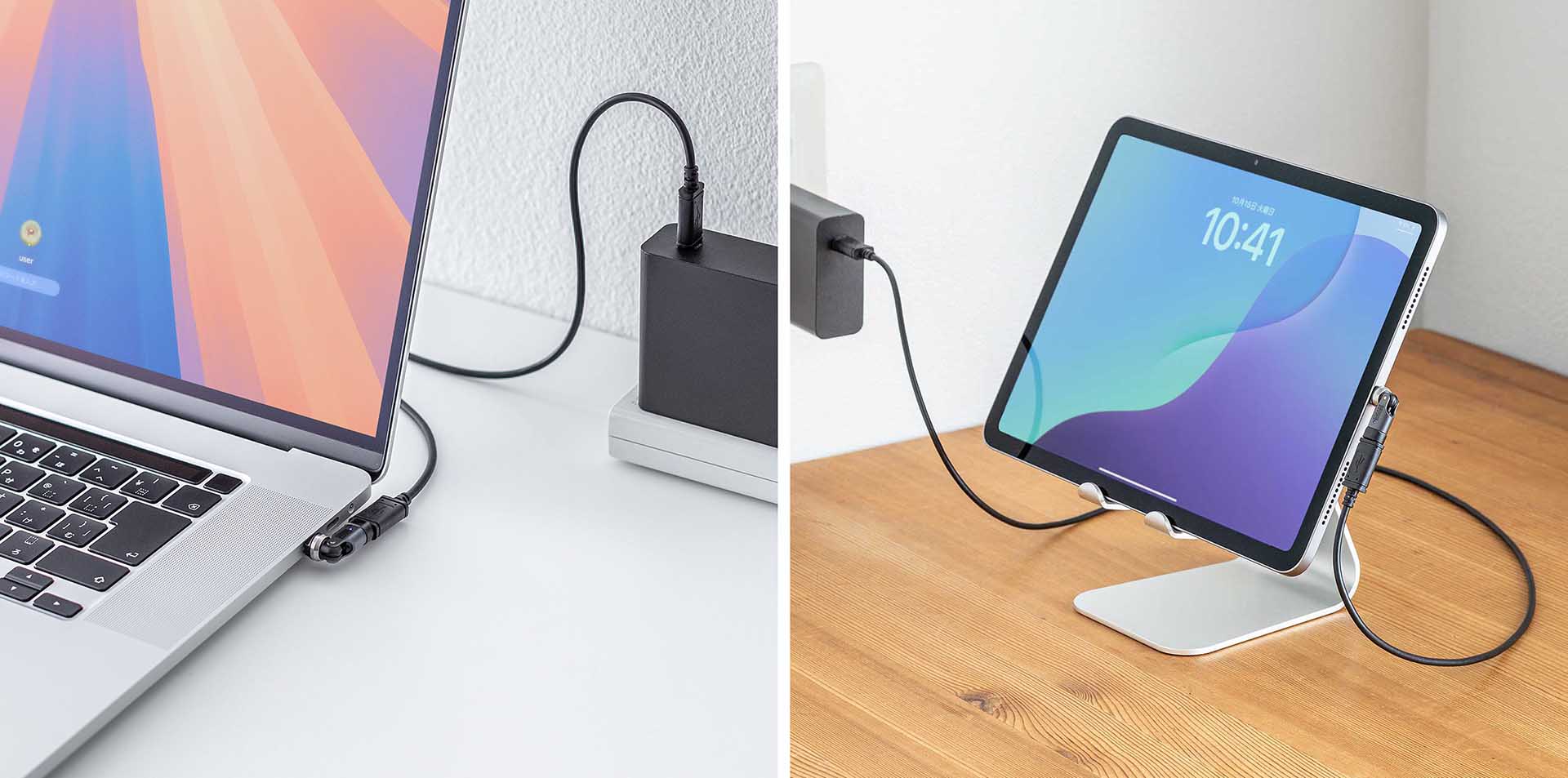 USB-Cコネクターが真横に出っぱらず、USB-Cケーブルが出て行く方向も自由に変えられる。※画像はサンワダイレクト商品ページより抜粋。