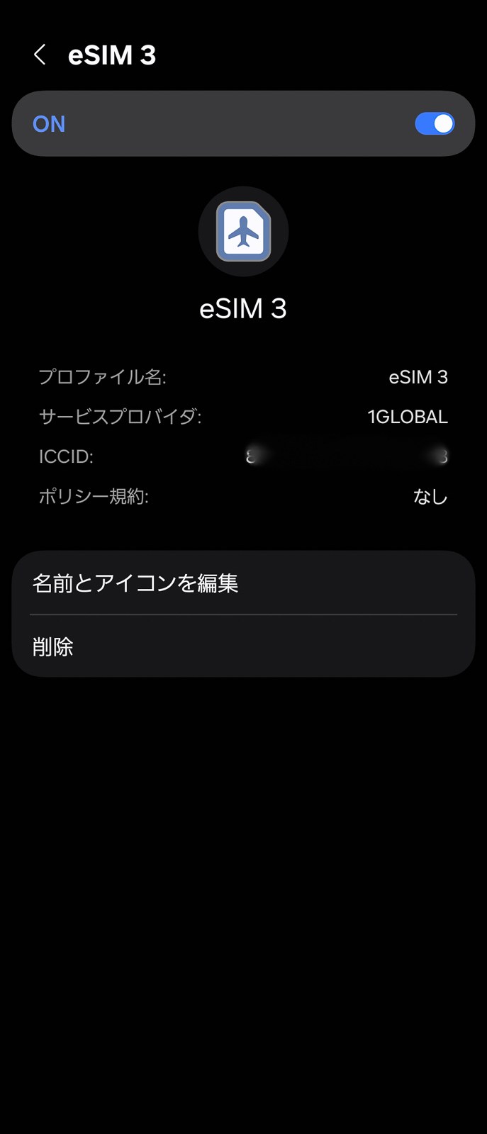 インストールされたeSIMを確認するとサービス提供者は「1GLOBAL」となっています