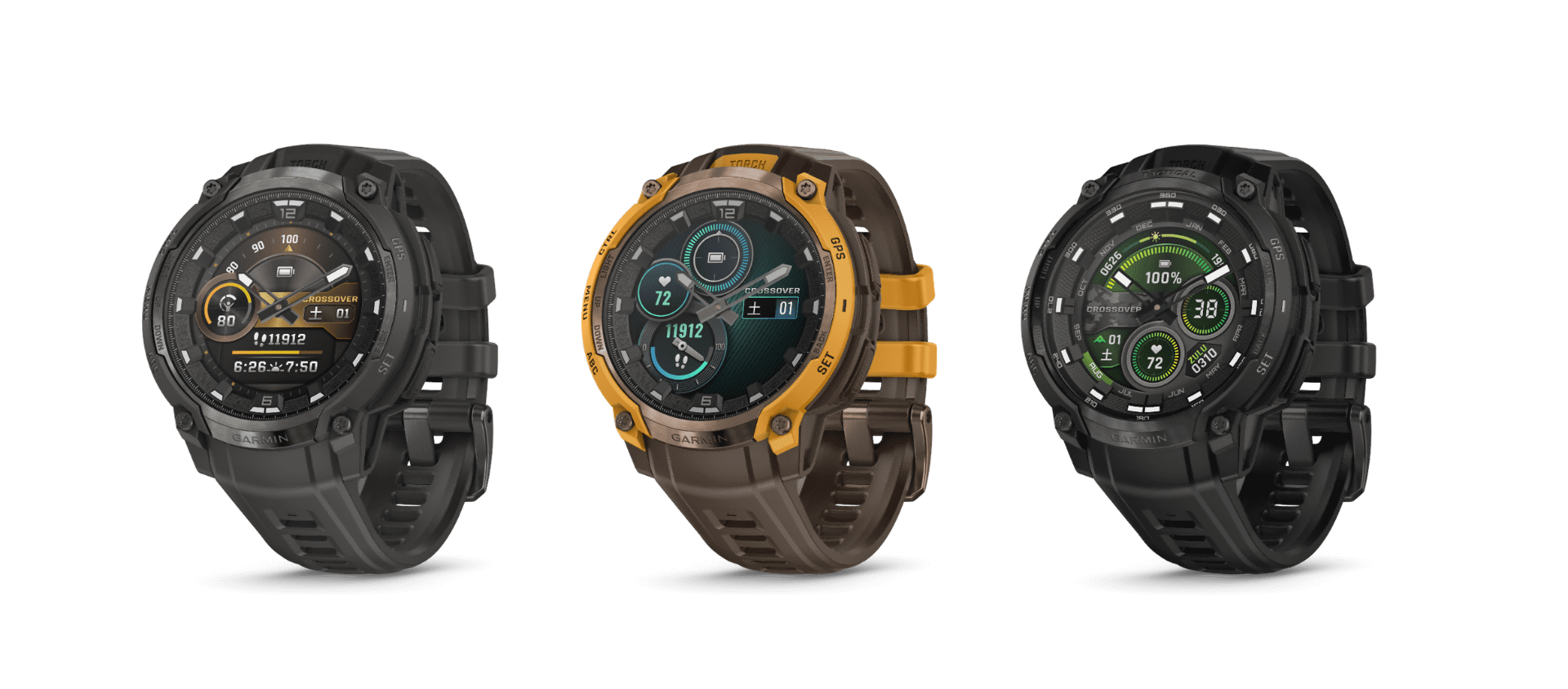 左からInstinct Crossover MOLEDのチャコールグレイとサンブラスト/ココア、一番右がInstinct Crossover AMOLED Tactical（ブラック）