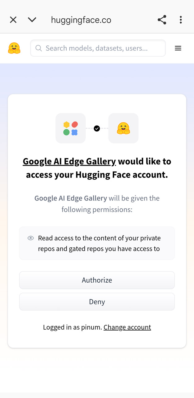Hugging Faceにログインし、連携を承認