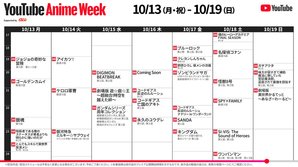 各曜日の配信予定作品