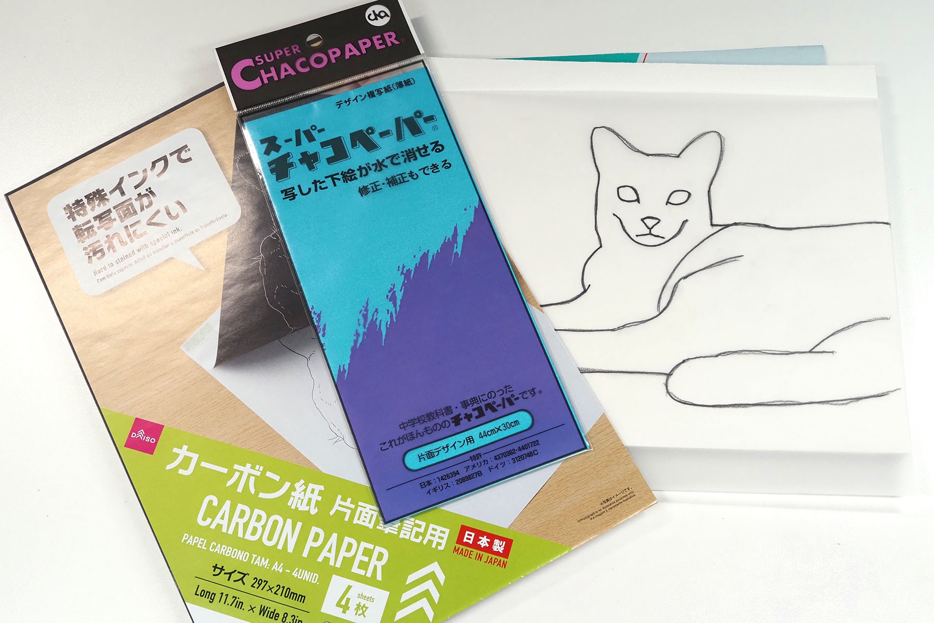 下絵を写し取ったトレーシングペーパーを、描く用紙に乗せ、トレーシングペーパー上をなぞり描くことで、用紙に線を転写する。転写時は、トレーシングペーパーの裏を鉛筆で塗るとか、トレーシングペーパーと用紙の間にカーボン紙やチャコペーパーを挟む。それを上からなぞると、なぞった跡のみが用紙に写るというわけだ。原始的～♪