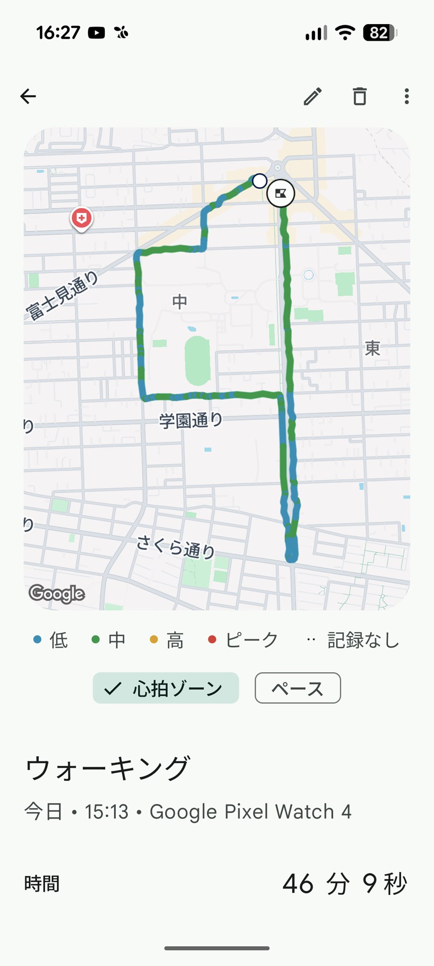ウォーキングの移動軌跡だが、実際のルートを正確に記録できている