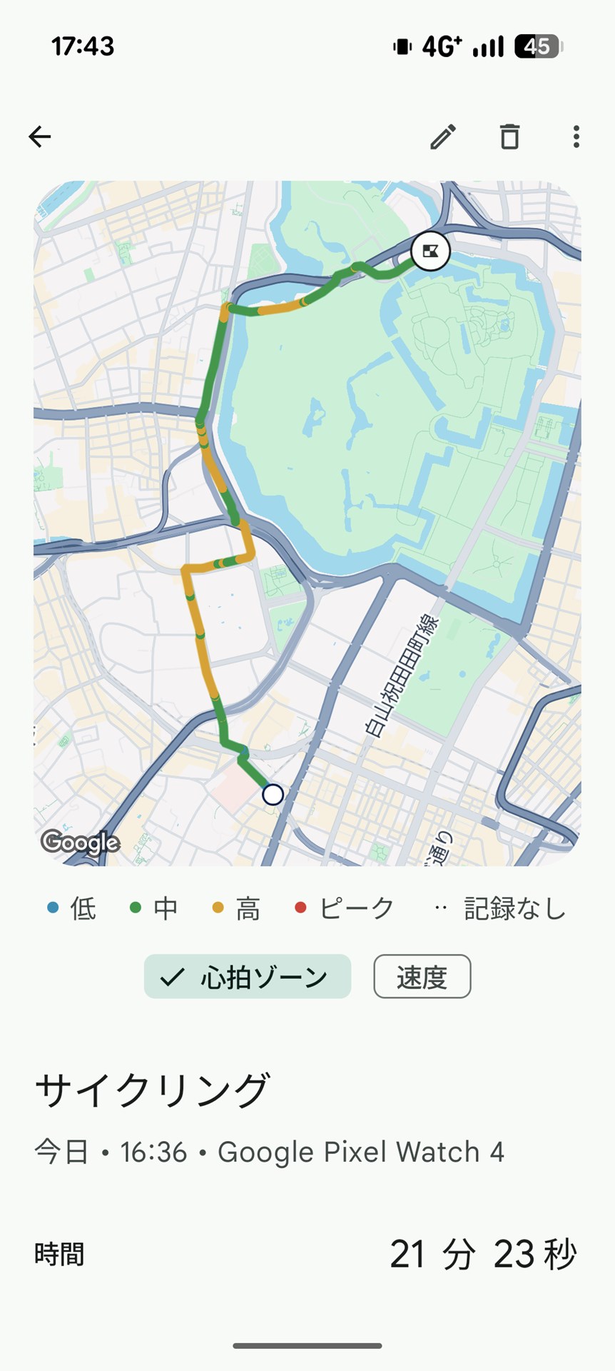 こちらは自転車の移動軌跡だが、こちらも細かな部分まで正しく記録できている