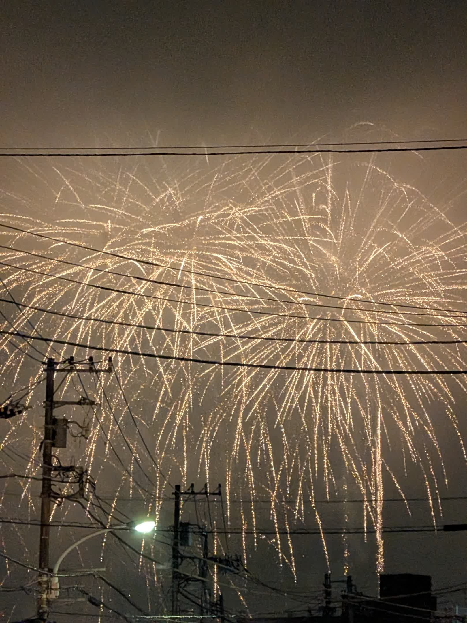 望遠カメラで「たまがわ花火大会」を電線越しに撮った。ただシャッターボタンを押しただけだが半分雲に隠れた打ち上げ花火の様子を意外なほど写すことができた