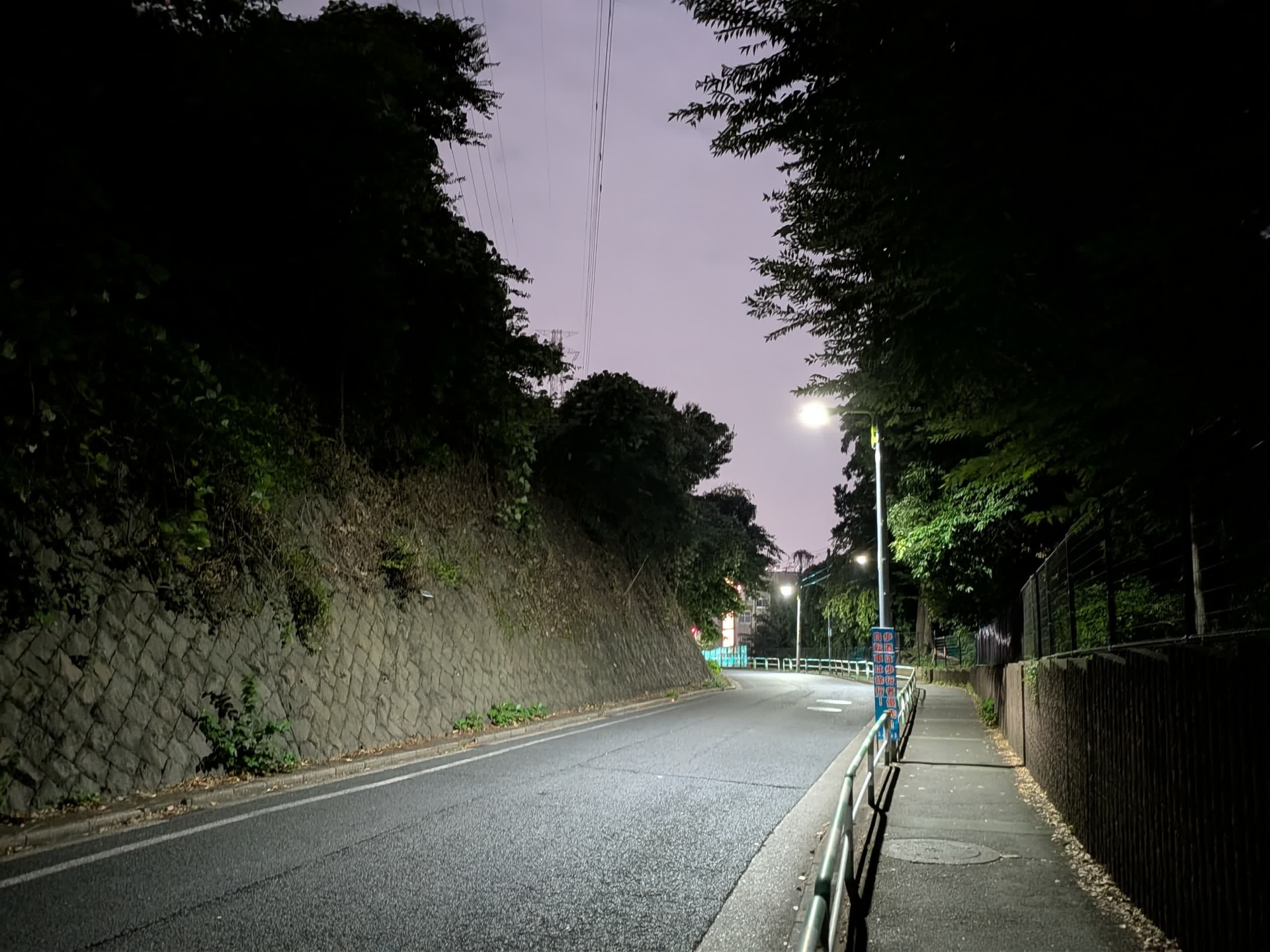 成城の「病院坂」を深夜に撮影した。「夜景モード」だが手ブレせず、看板の文字も判別でき、アスファルトの路面や壁面のディテールもちゃんと再現できた