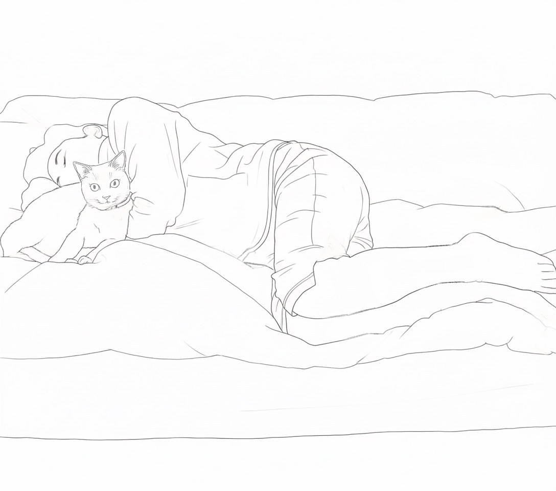 前出のAIトレース線画を、木に彫りやすいように、線を整理したもの。ベースは線が多すぎないGeminiの出力結果を使い、そこにChatGPTの「こちら向きの猫」を合成。ヘンな線や余分な線を消し、それらしい線を加え、レリーフ用の下絵ができた。